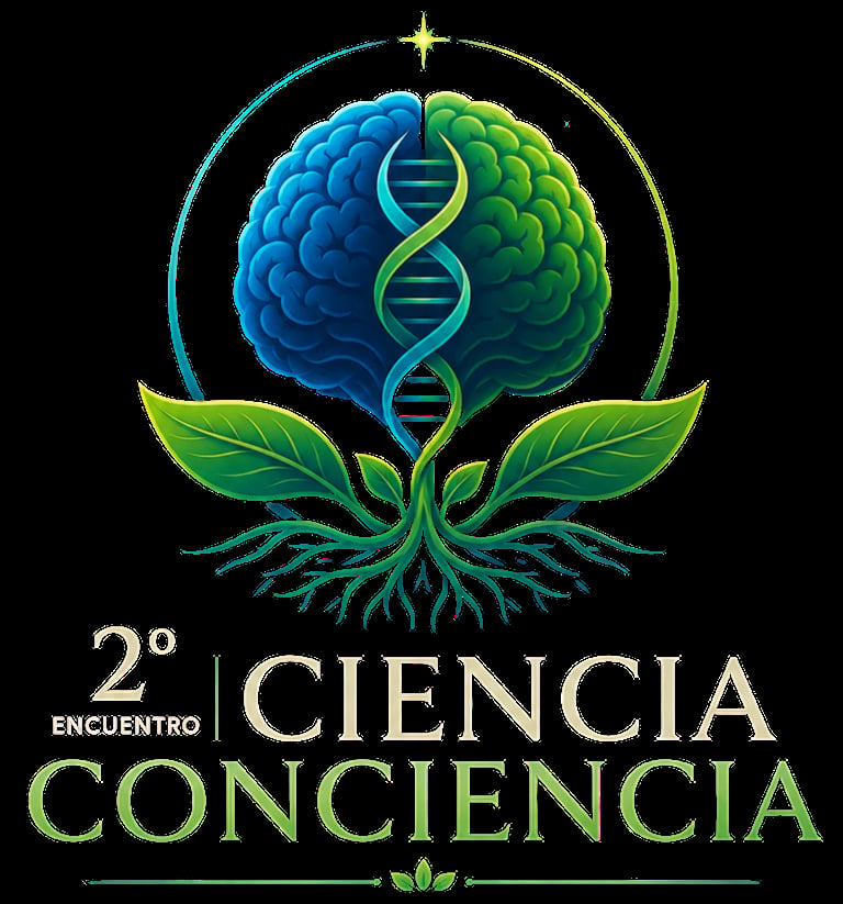 Logo for 2nd Science and Consciousness Encounter featuring a brain with DNA helix, green leaves, and roots.