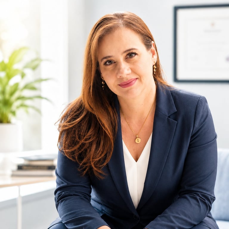 Professional woman with reddish-brown hair wearing a dark blazer and gold necklace smiling at camera in modern office setting